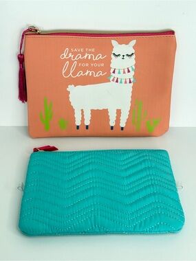 Save The Drama For Your Llama Coral Canvas & Teal Makeup Bags